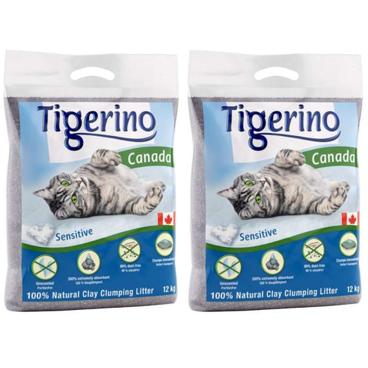 Tigerino Canada Sensitive Clumping Clay Cat Litter 24KG An Unscented Antibacterial Disposable And Hypoallergenic Hygiene Litter With Smell Control Formula Free 4.5cm Natural Catnip Ball