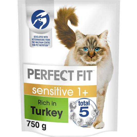 Perfect Fit 1+ Adult Sensitive Turkey 4 x 750 g Bags, Complete Premium Dry Cat Food