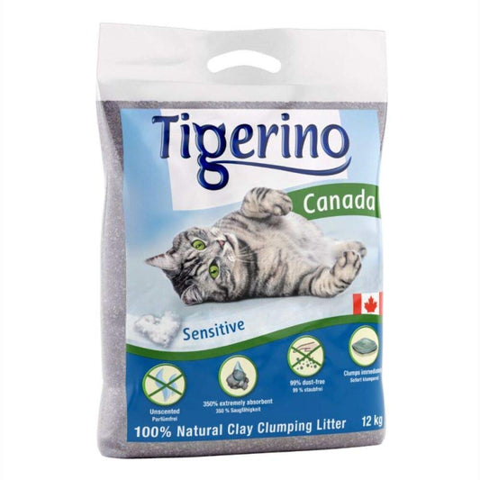 Tigerino Canada Sensitive Clumping Clay Cat Litter 24KG An Unscented Antibacterial Disposable And Hypoallergenic Hygiene Litter With Smell Control Formula Free 4.5cm Natural Catnip Ball