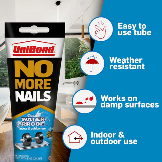 UniBond No More Nails Waterproof, Heavy-Duty Mounting Adhesive, Strong Glue for Mirrors, Wood, Ceramic, Metal etc., No Nails Instant Grab Adhesive Indoor & Outdoor, 1 x 340g Tube