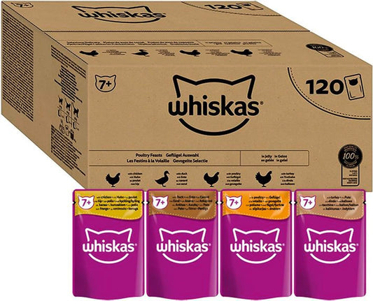 WHISKAS - 7+ Senior Wet Cat Food Pouches - 120 x 85 g - In Jelly - Bulk Cat Food Megapack - 120 Pouches