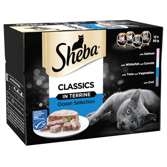 Sheba Classics in Terrine – Ocean Collection – Wet pate trays for adult cats – Pack of 4 (4 x 12 Trays x 85 g)