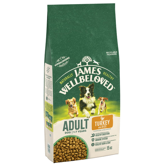 JAMES WELLBELOVED - Hypoallergenic Adult Dry Dog Food - 15 kg - Turkey & Rice - Bulk Dog Food Pack