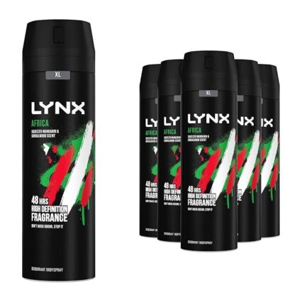 Lynx Africa Aerosol Body Spray Deodorant for Men 6 Pack, 48-Hour Odour Protection Warm Scent of Mandarin and Sandalwood, Men's Deodorant Spray with Zinc Technology, 200ml Each