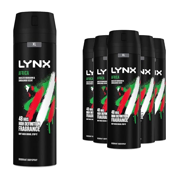 Lynx Africa Aerosol Body Spray Deodorant for Men 6 Pack, 48-Hour Odour Protection Warm Scent of Mandarin and Sandalwood, Men's Deodorant Spray with Zinc Technology, 200ml Each