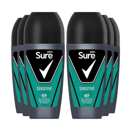 Sure Antiperspirant Roll On Sensitive 48H Sweat and Odour Protection Roll On with Sandalwood, Patchouli and Vanilla Fragrance Deodorant for Men, 50ml Pack of 6
