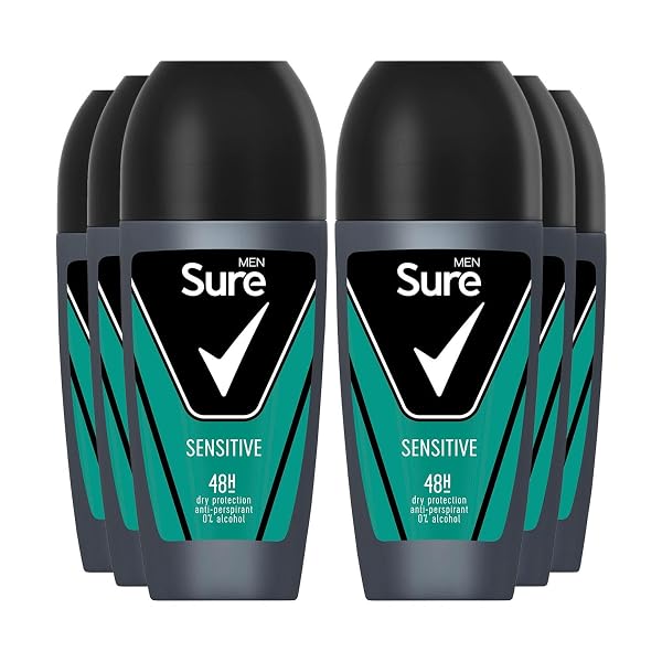 Sure Antiperspirant Roll On Sensitive 48H Sweat and Odour Protection Roll On with Sandalwood, Patchouli and Vanilla Fragrance Deodorant for Men, 50ml Pack of 6
