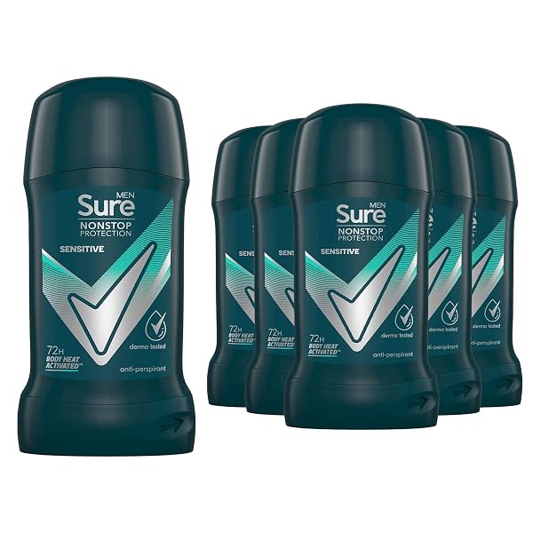 Sure Antiperspirant Deodorant Stick Sensitive 72H Nonstop Sweat and Odour Protection Roll On with Citrusy, Spicy and Woody Scent Deodorant for Men, 50ml Pack of 6