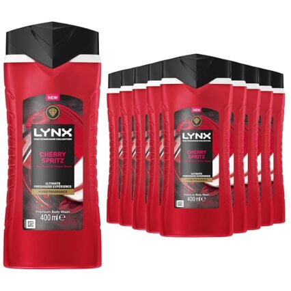 Lynx Fine Fragrance Collection Body Wash for Men Cherry Spritz, Pack of 12, Premium Shower Gel Infused with Essential Oils That Gives You 12 Hours of Freshness, 400 ml