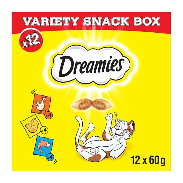 Dreamies Variety Snack Box with Chicken, Cheese & Salmon, 60 g (Pack of 12)