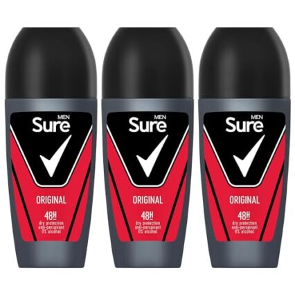 Sure Antiperspirant Roll On Original 48H Sweat and Odour Protection Roll On with Citrusy, Spicy and Woody Scent Deodorant for Men, 50ml Pack of 3
