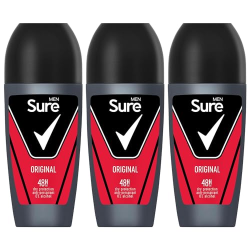 Sure Antiperspirant Roll On Original 48H Sweat and Odour Protection Roll On with Citrusy, Spicy and Woody Scent Deodorant for Men, 50ml Pack of 3