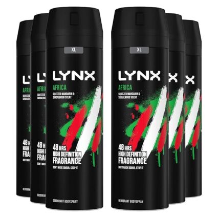 Lynx Africa Men's Fragrance, Aluminium Free Masculine Body Spray Deodorant, Fresh And Long Lasting Odour Protection, 6 Pack of 200ml