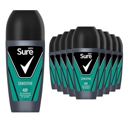 Sure Antiperspirant Roll On Sensitive 48H Sweat and Odour Protection Roll On with Sandalwood, Patchouli and Vanilla Fragrance Deodorant for Men, 50ml Pack of 12