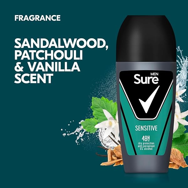 Sure Antiperspirant Roll On Sensitive 48H Sweat and Odour Protection Roll On with Sandalwood, Patchouli and Vanilla Fragrance Deodorant for Men, 50ml Pack of 12 - Image 6